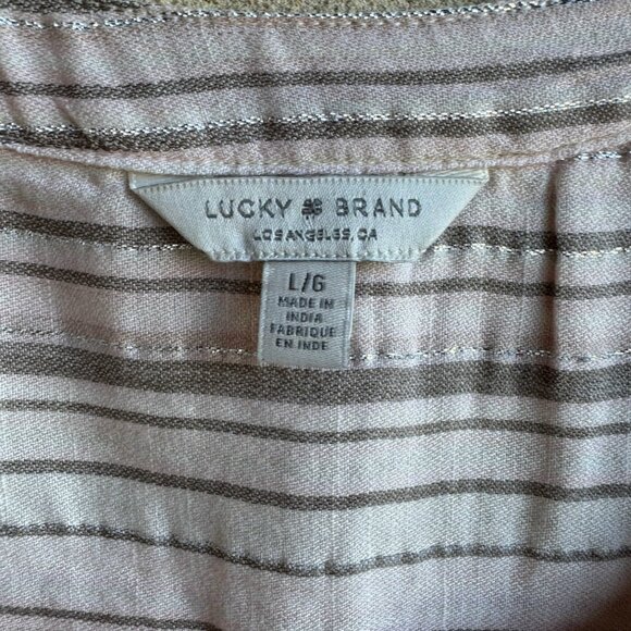 Lucky Brand Short Sleeve Split V-Neck Striped Boho Blouse Women's Size L - Picture 3 of 7